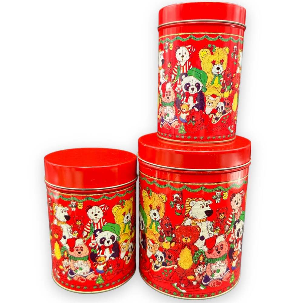 Set of 3 Nesting Christmas Holiday Tins - gift wrap or ornament storage